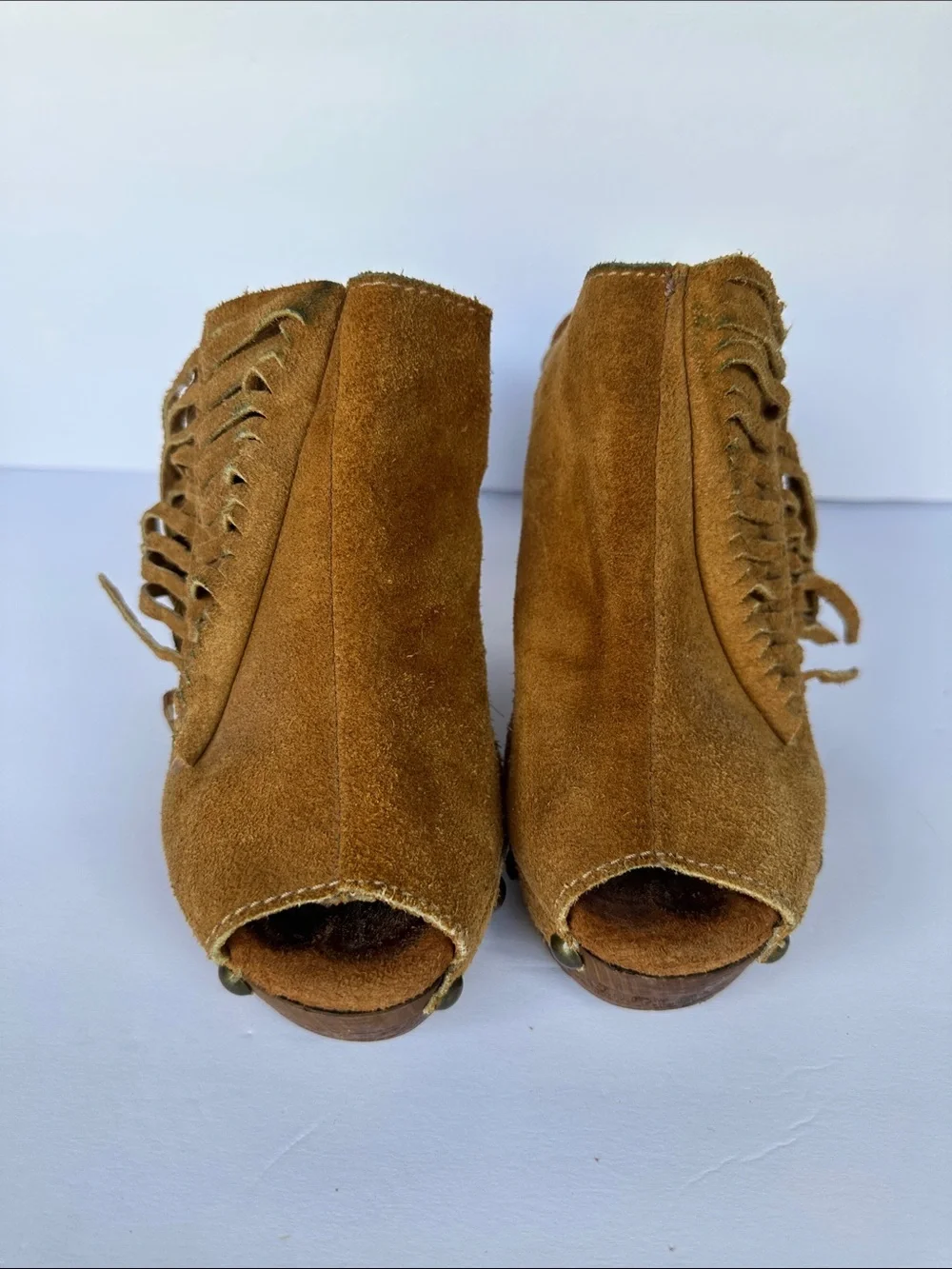 Sbicca Vintage Collection tan suede fringed wedge sandals w/ a wooden platform